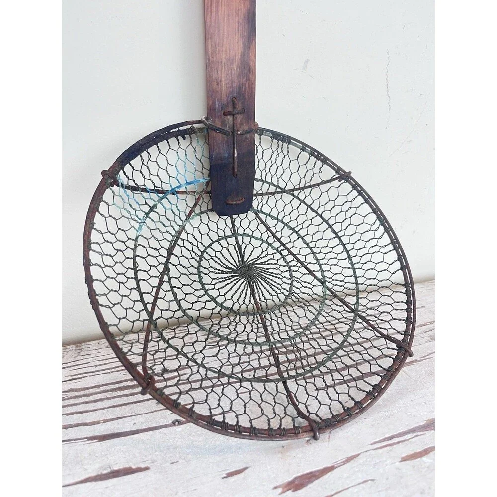 Large Vintage Rustic Bamboo Handle Brass Wire Mesh Strainer Skimmer 19” JAPAN